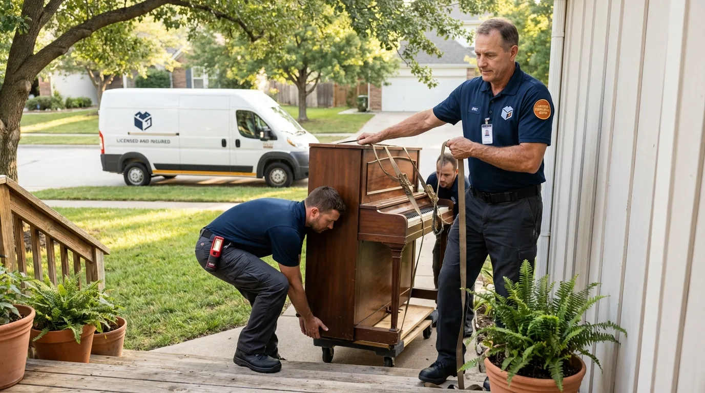 Licensed piano movers securing grand piano in Rockwood, MI