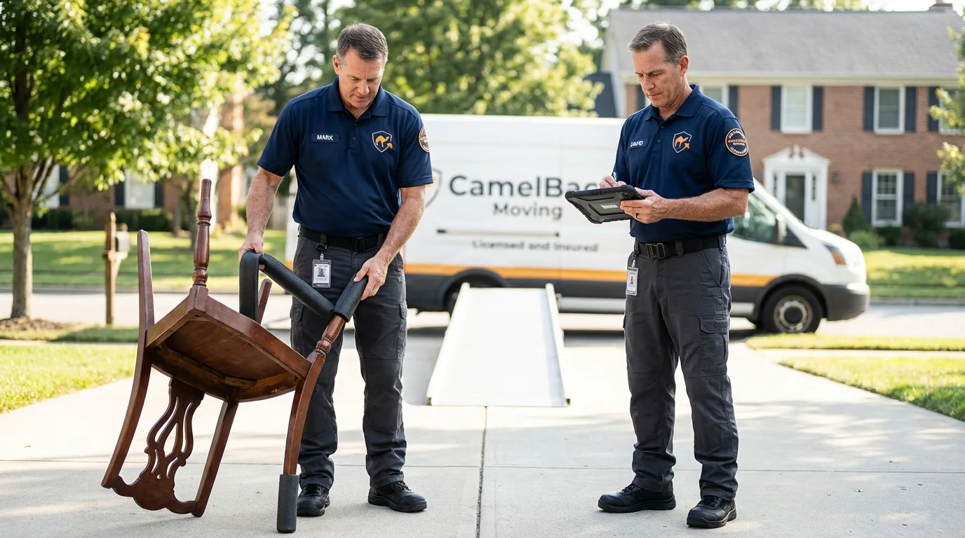 Movers inspecting furniture for damage prevention before loading in Rockwood, MI