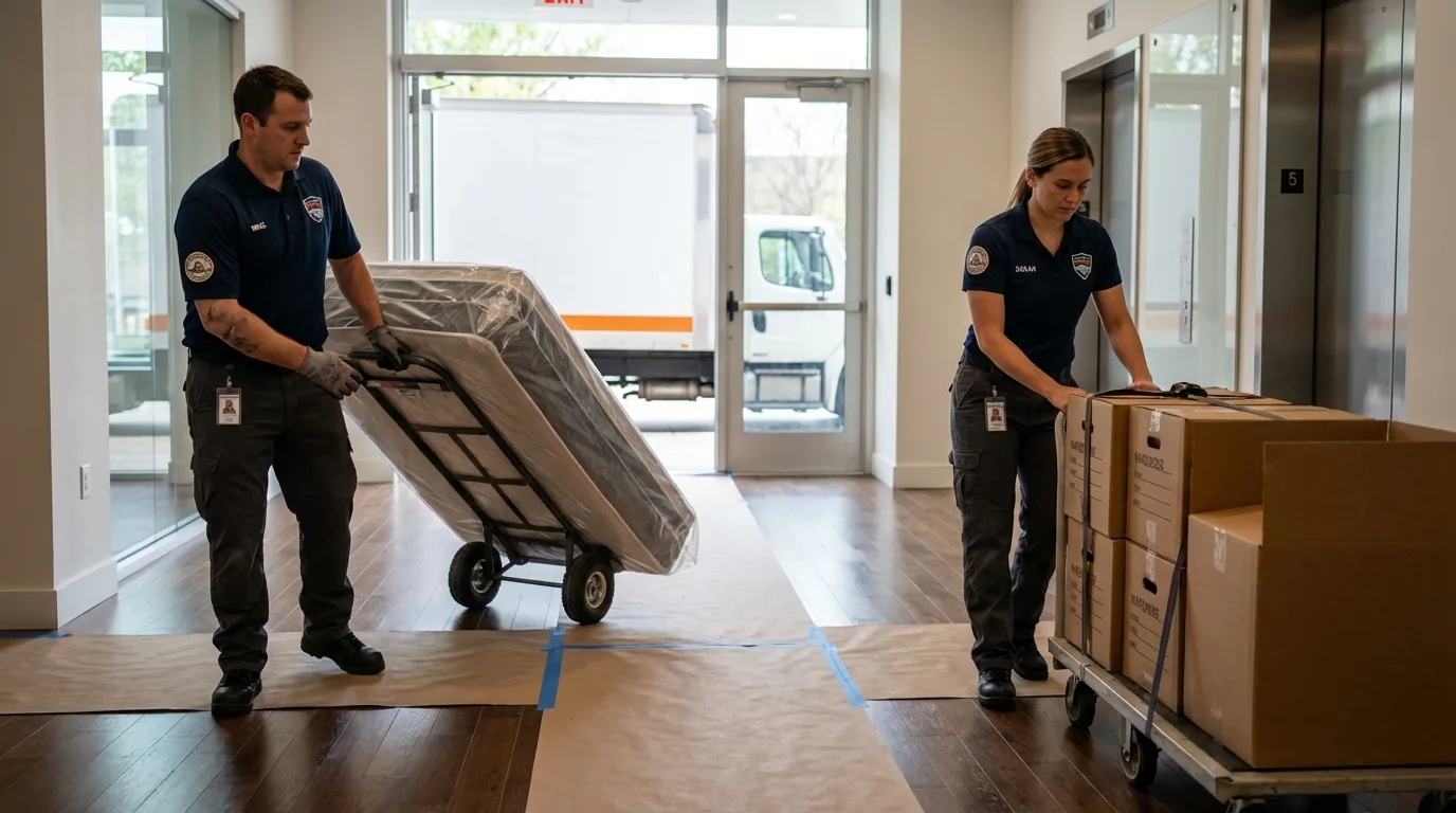 Professional apartment movers loading elevator in Rockwood, MI