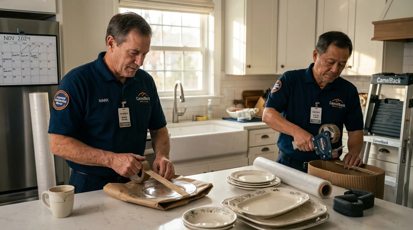Professional crew packing kitchen dishware in Rockwood, MI